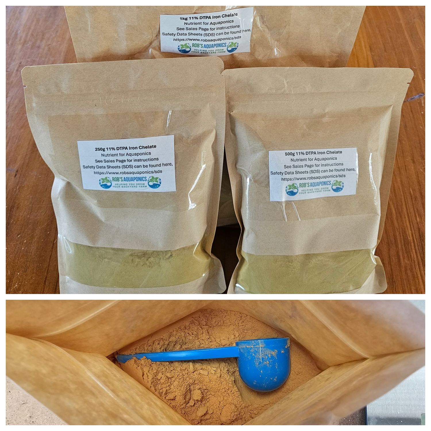 Iron is an essential element required for plant growth. The iron demand of plants in an aquaponics system can at times outstrip the amount available from the waste provided by the fish so may need to be supplemented.
DTPA Iron Chelate is readily available for plant uptake in system water of a pH of 6-7.5, which is in the pH range of a balanced aquaponics system (pH 6.5-7) &amp; is available in 250g &amp; 500g packets &amp; comes with application scoop.