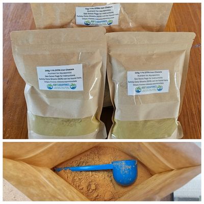 Iron is an essential element required for plant growth. The iron demand of plants in an aquaponics system can at times outstrip the amount available from the waste provided by the fish so may need to be supplemented.
DTPA Iron Chelate is readily available for plant uptake in system water of a pH of 6-7.5, which is in the pH range of a balanced aquaponics system (pH 6.5-7) &amp; is available in 250g &amp; 500g packets &amp; comes with application scoop.