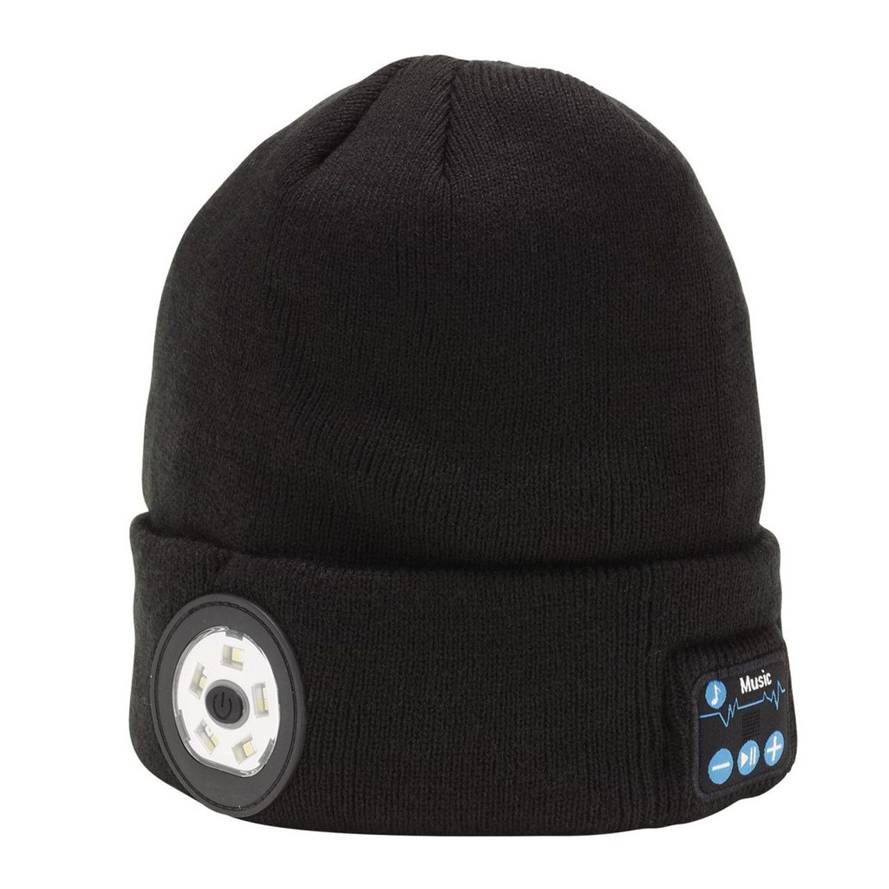 Smart Wireless Rechargeable Beanie with LED Head Torch and USB Charging Cable, black, One Size