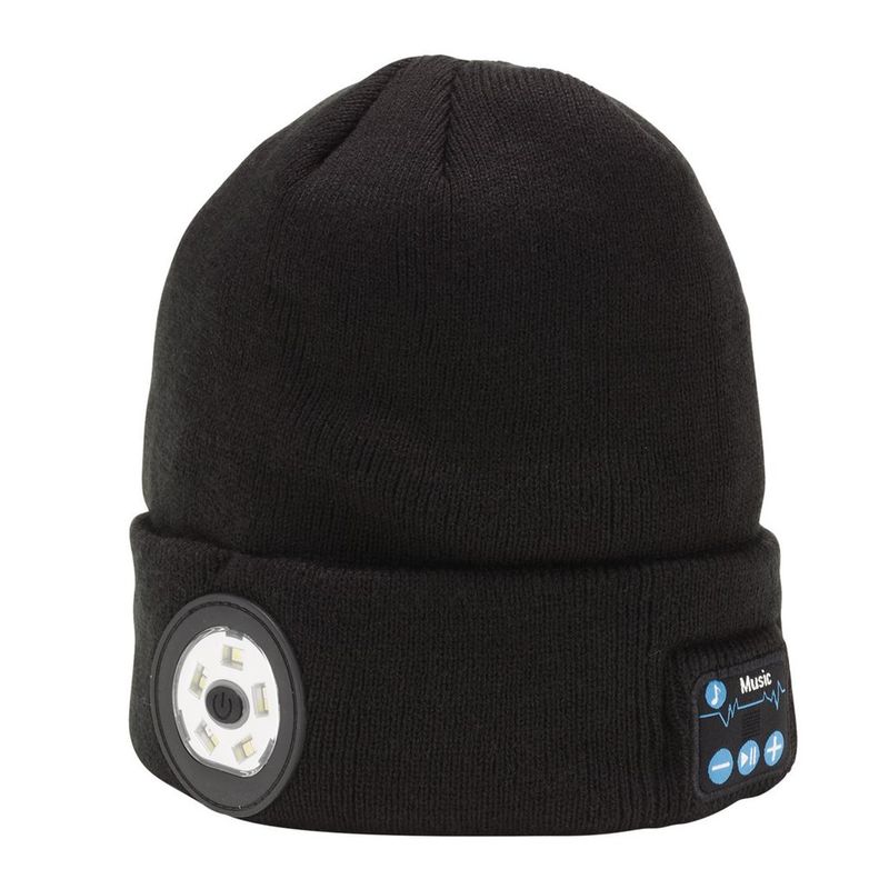 Smart Wireless Rechargeable Beanie with LED Head Torch and USB Charging Cable, black, One Size