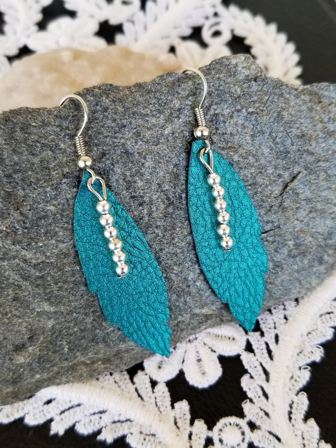 Teal and Silver Feather Earrings