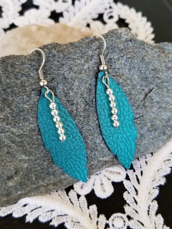 Teal and Silver Feather Earrings
