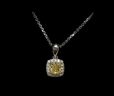 New 18ct White Gold Intense Fancy Yellow Diamond & Diamond Pendant (9ct Chain)
