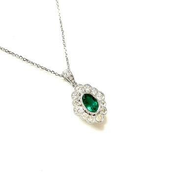 New 18ct White Gold Emerald & Diamond Pendant