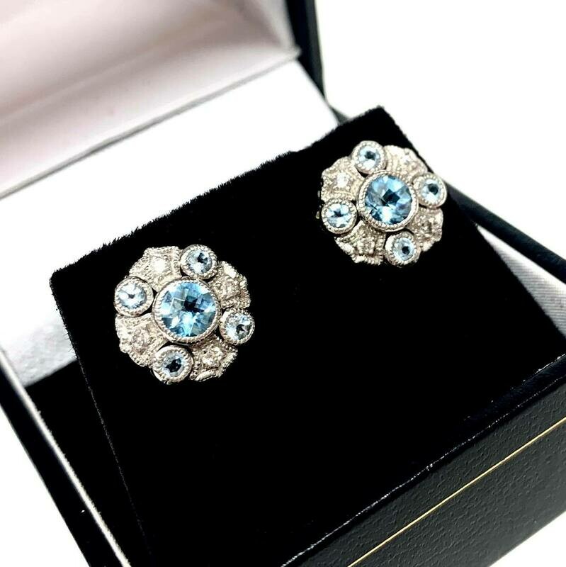 New 9ct White Gold Blue Topaz & Diamond Earrings