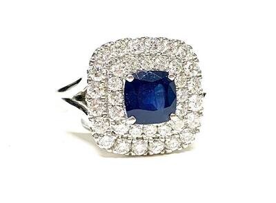 New Platinum Sapphire & Diamond Halo Cluster Ring, UK Size N