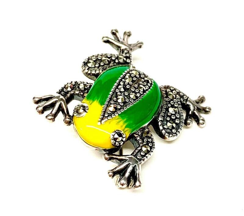 New Silver Marcasite & Enamel Frog Bar Brooch