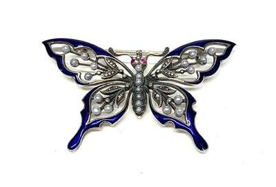 New Silver Enamel & Cultured Pearl Butterfly Brooch