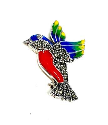 New Silver Marcasite & Enamel Hummingbird Brooch