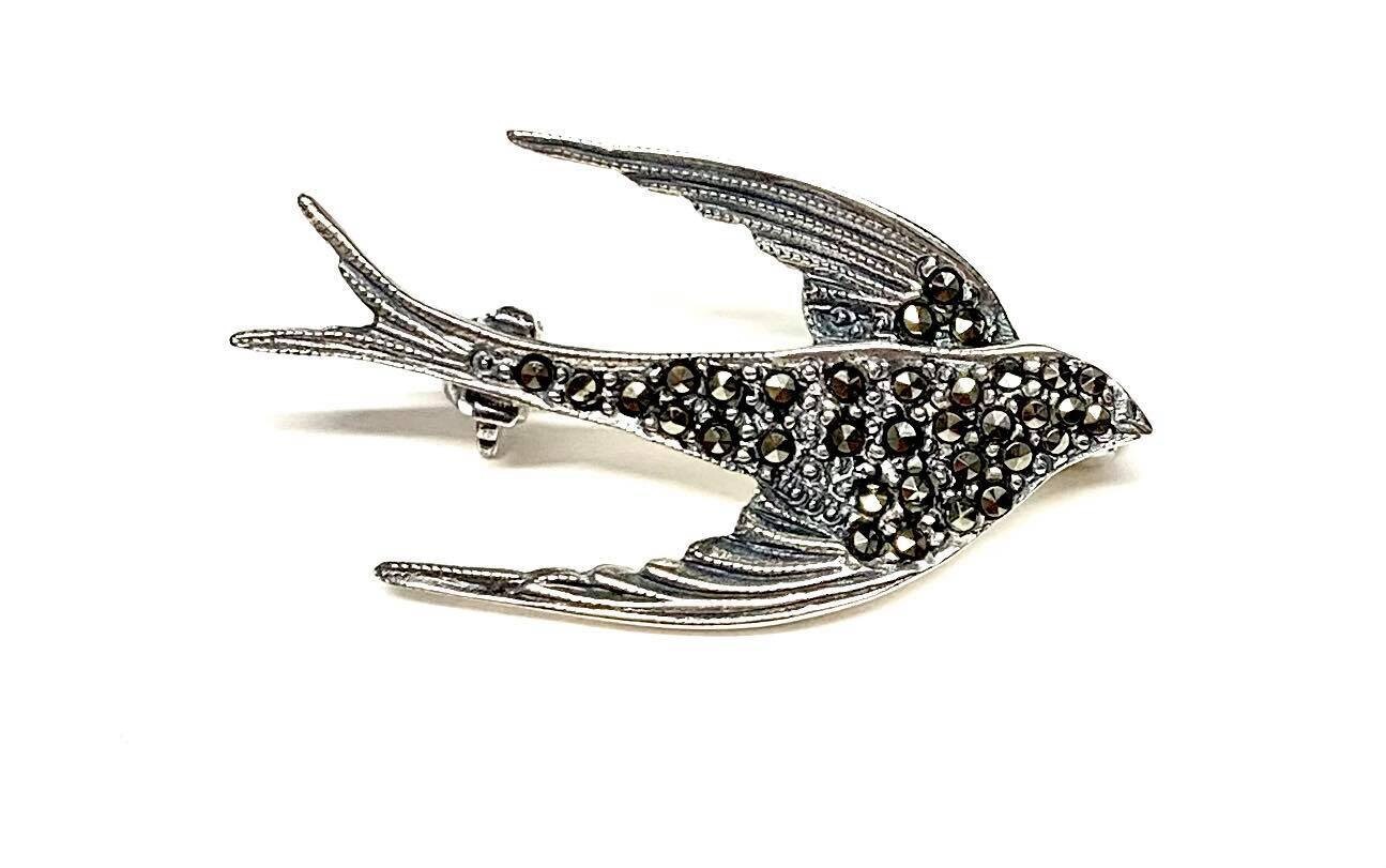 New Silver Marcasite Swallow Bar Brooch