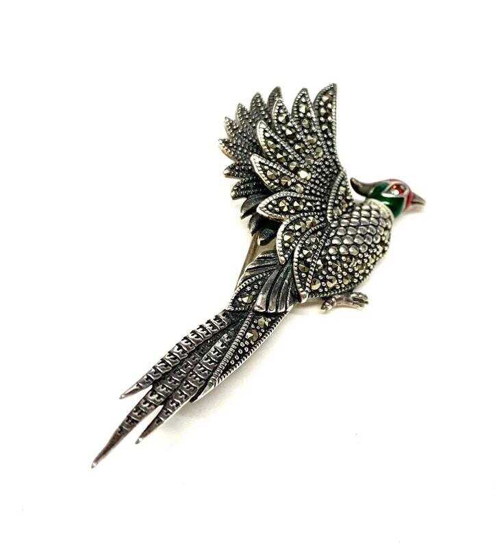 New Silver Marcasite Pheasant  Bar Brooch