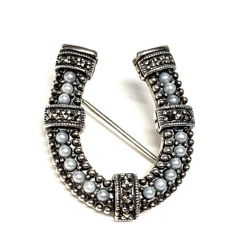 Silver Marcasite Seed Pearl Horseshoe Bar Brooch