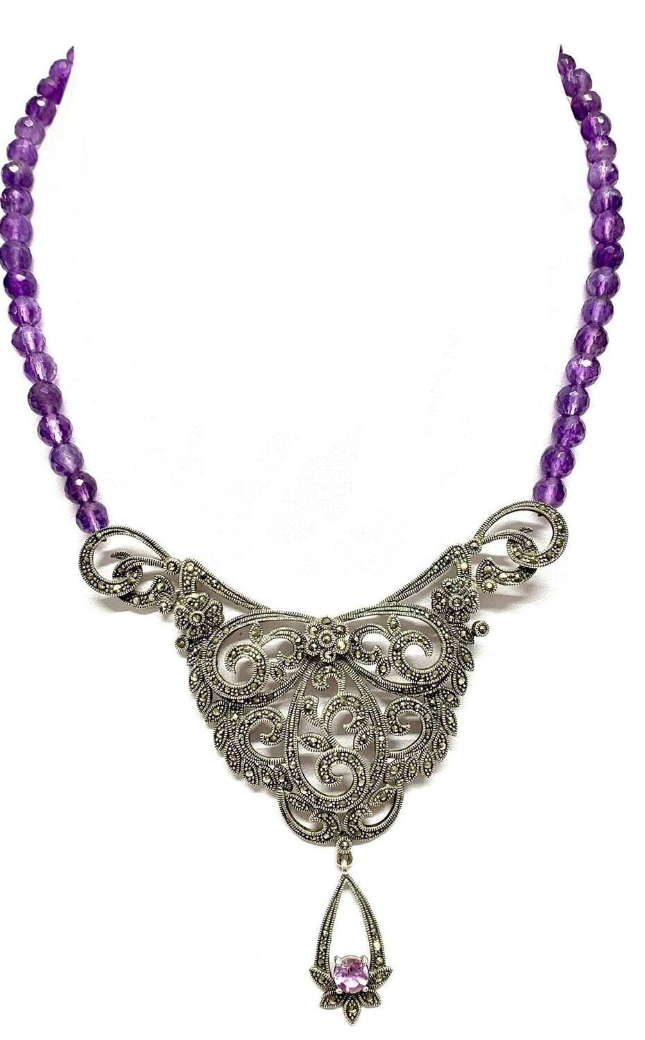 New Silver Marcasite & Amethyst Necklace