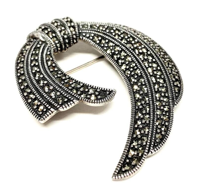 New Silver Art Deco Style Marcasite Bar Brooch/Pendant