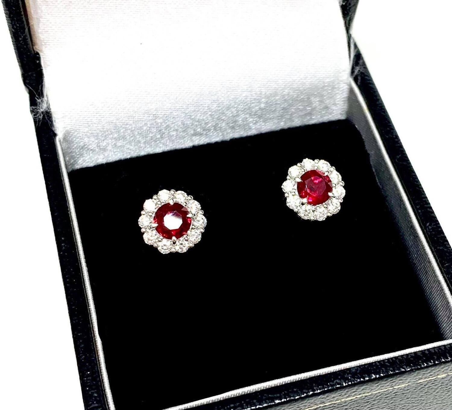 New 18ct White Gold Ruby & Diamond Cluster Stud Earrings