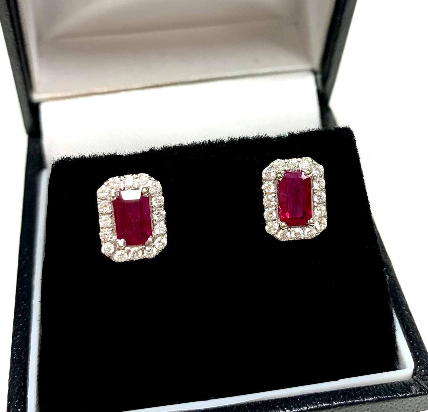 New 18ct White Gold Ruby & Diamond Cluster Stud Earrings