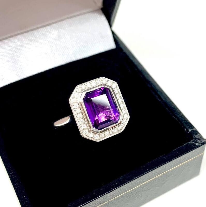 New 9ct White Gold Amethyst & Diamond Ring, UK Size M