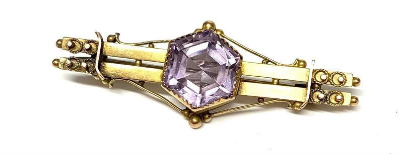 Edwardian 9ct Yellow Gold  Amethyst Bar Brooch
