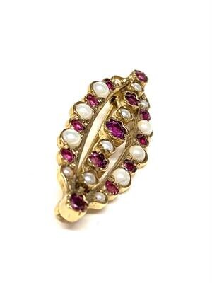 Pre-owned 9ct Yellow Gold Ruby & Pearl Bar Brooch
