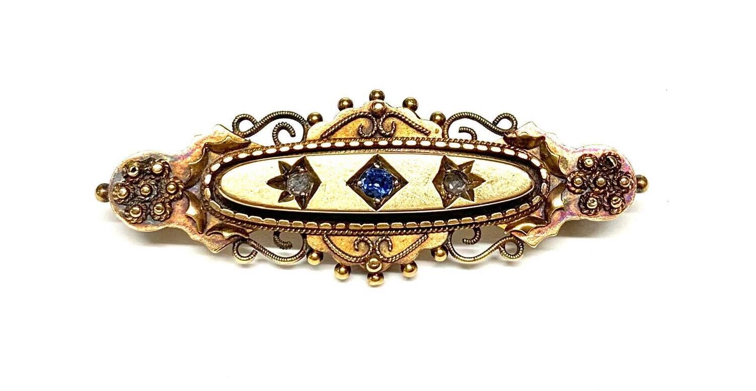 Pre-owned 15ct Yellow Gold Sapphire & Diamond Bar Brooch