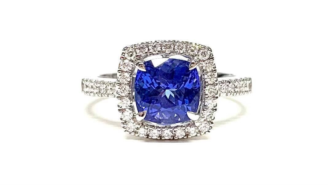 New 18ct White Gold Tanzanite & Diamond Ring, UK Size M