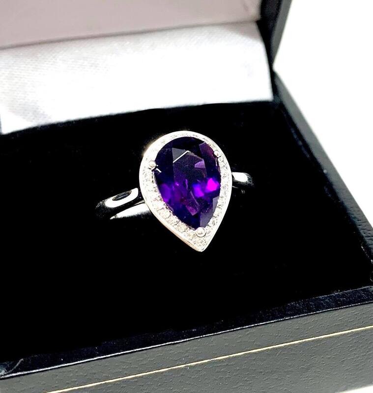 New 9ct White Gold Amethyst & Diamond Ring, UK Size K 1/2