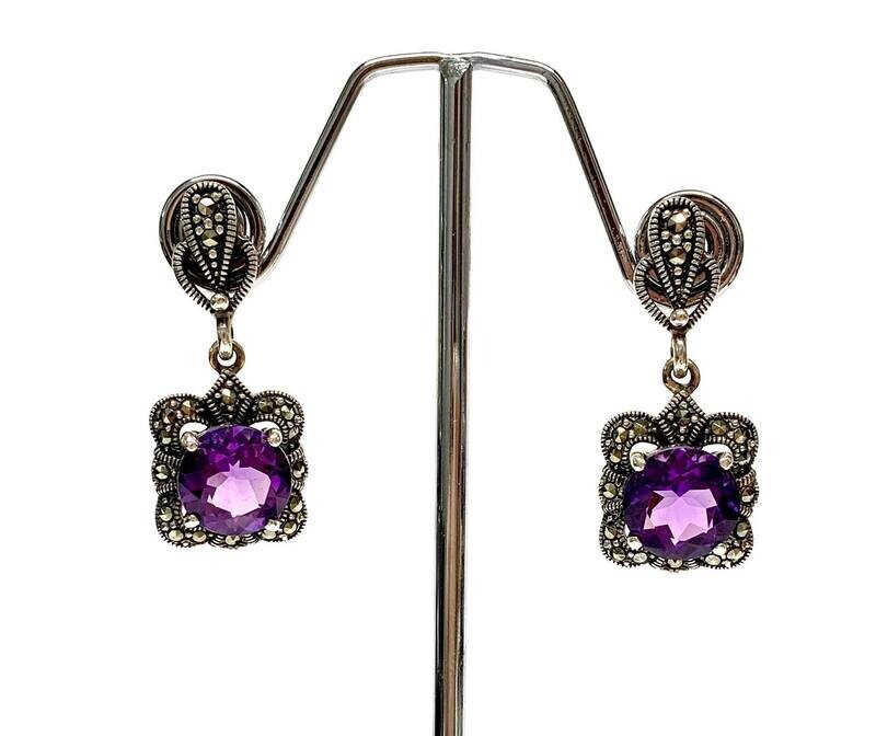 New Silver Marcasite & Amethyst Drop Earrings