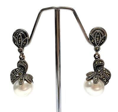 New Silver Marcasite & Pearl Drop Earrings