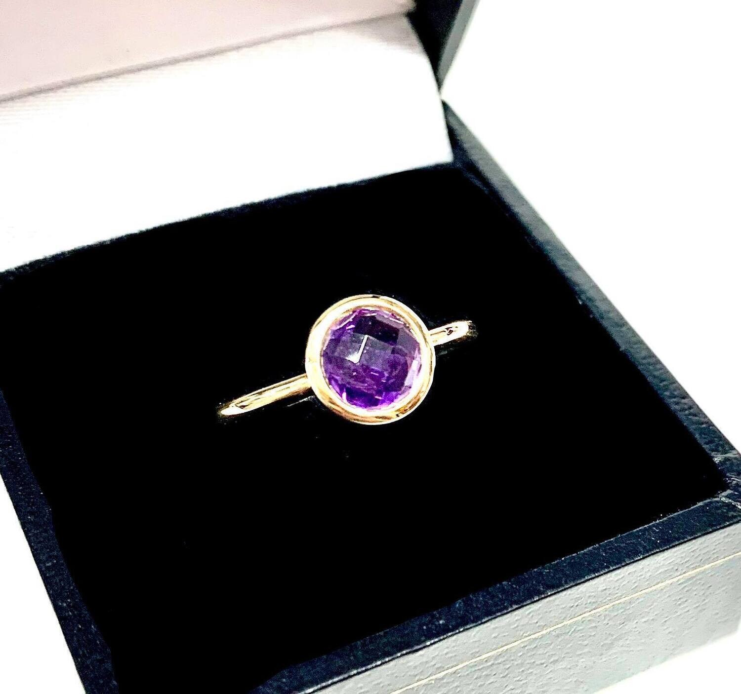 New 9ct Yellow Gold Amethyst Ring, UK Size O