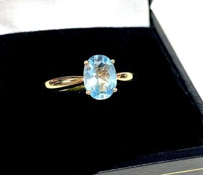 New 9ct Yellow Gold Blue Topaz Ring, UK Size L