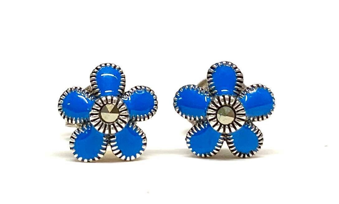 New Silver Marcasite & Blue Enamel Flower Stud Earrings