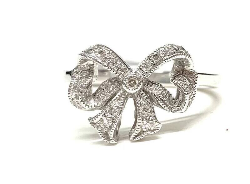 New 9ct White Gold Diamond Bow Ring, UK Size N