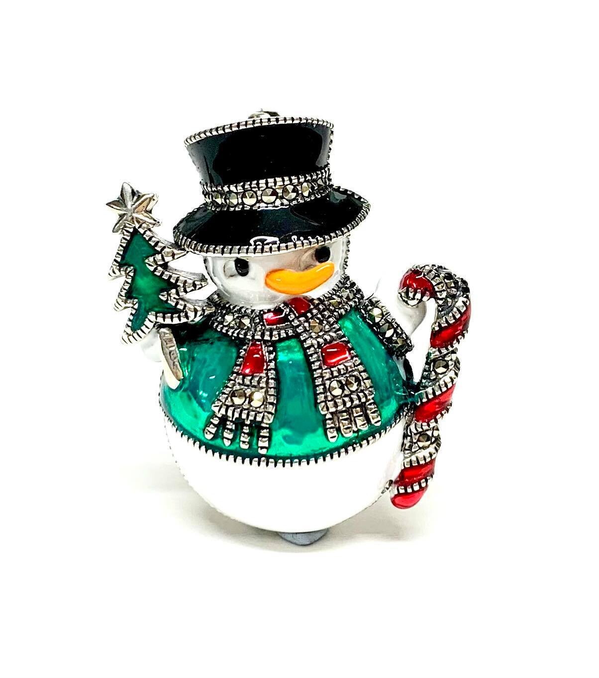 New Silver Marcasite & Enamel Snowman Brooch