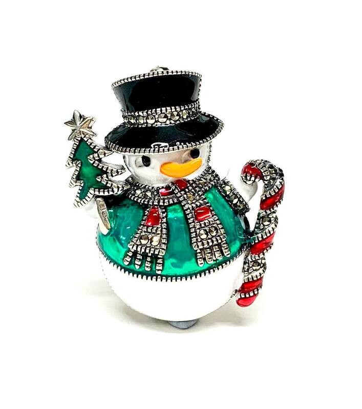New Silver Marcasite & Enamel Snowman Brooch