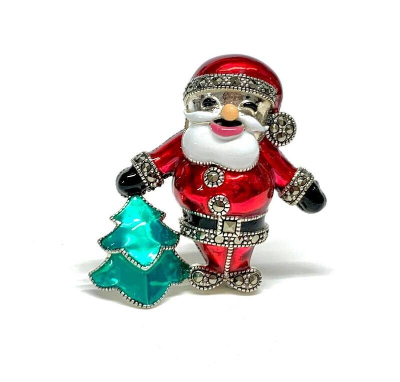 New Silver Marcasite Enamel Father Christmas Brooch