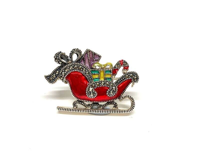 New Silver Marcasite Enamel Santa's Sleigh Brooch