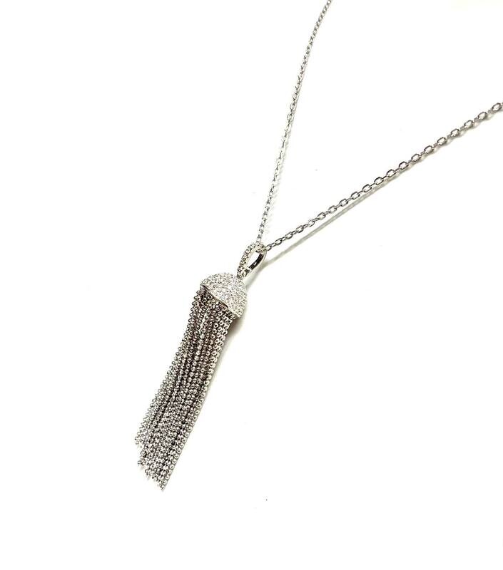New Silver CZ Tassel Pendant & 27 inch chain