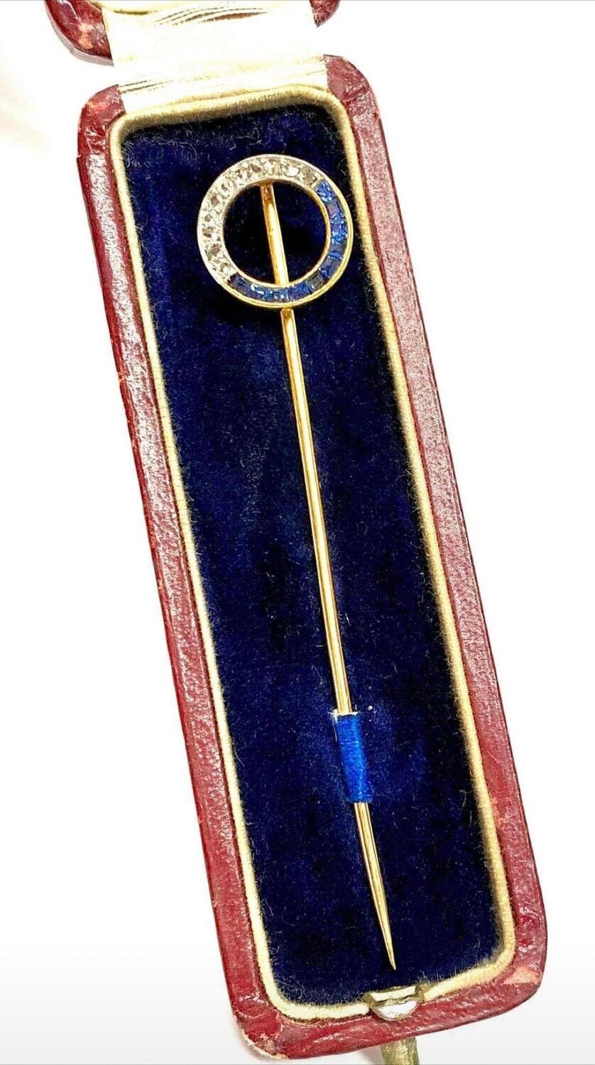 Antique 9ct Yellow Gold Sapphire & Diamond Pin