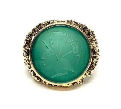 Pre-owned 9ct Yellow Gold Green Stone Signet Ring, UK Size W