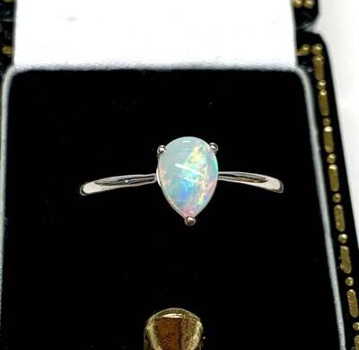 9ct White Gold Opal Ring, UK Size M