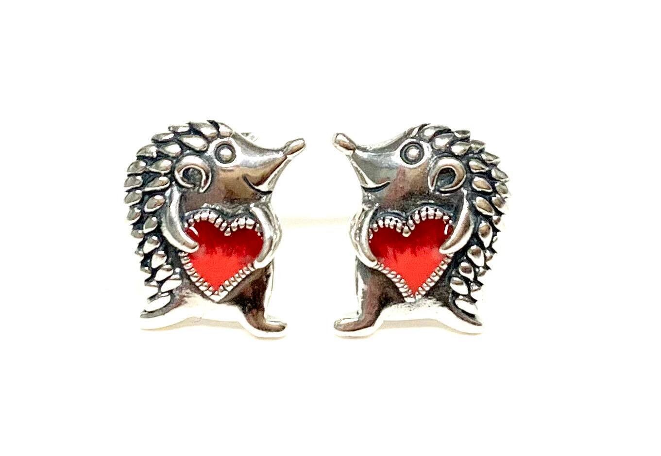 New Silver Marcasite & Enamel Hedgehog Stud Earrings