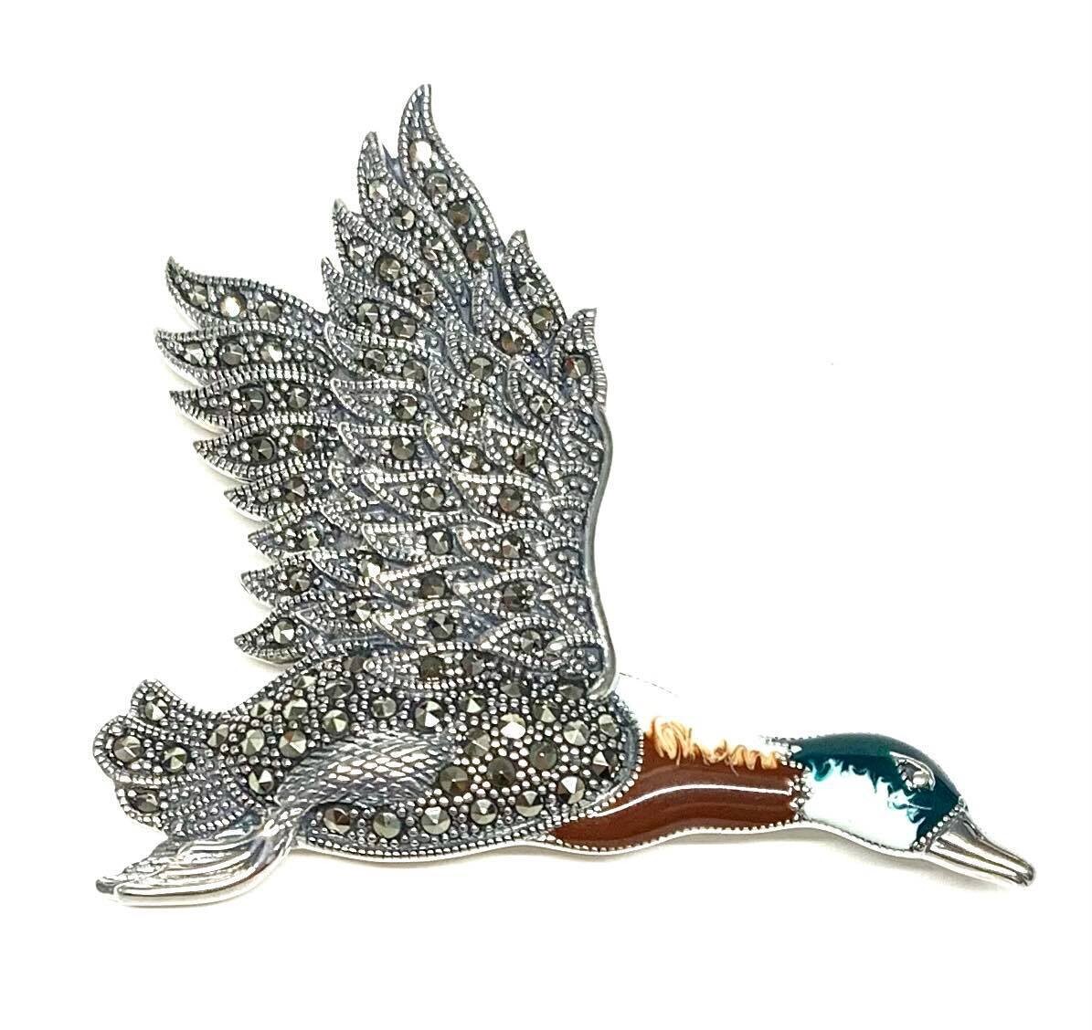 New Silver Marcasite & Enamel Duck Brooch/Pendant