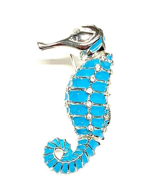 New Silver Blue Enamel & CZ Seahorse Brooch/Pendant