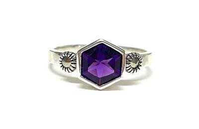 New Silver Amethyst & Marcasite Ring, UK Size N