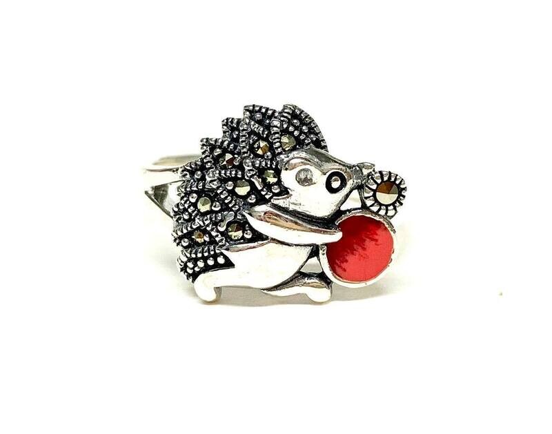 New Silver Marcasite & Enamel Hedgehog Ring