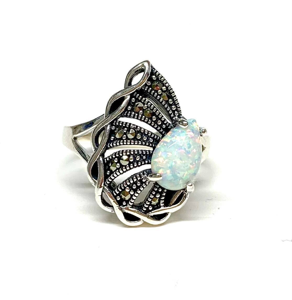 New Silver Marcasite & Gilson Opal Ring, UK Size O