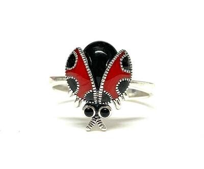 New Silver Enamel Ladybird Ring, UK Size P