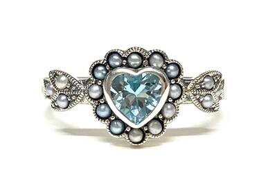 New Silver Blue Topaz & Pearl Ring, UK Size N 1/2