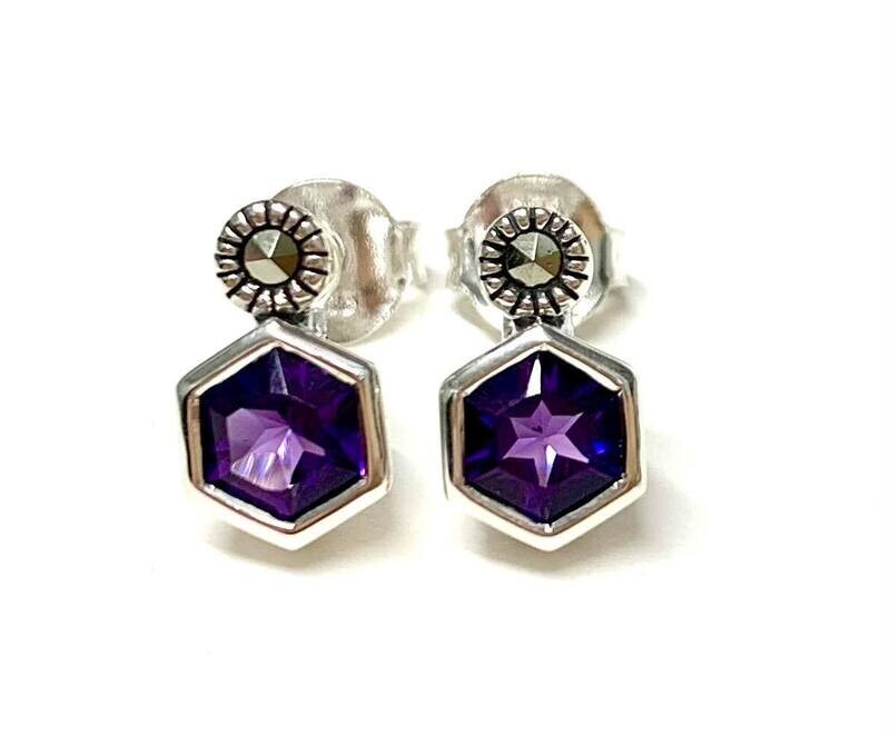 New Silver Marcasite Amethyst Stud Earrings