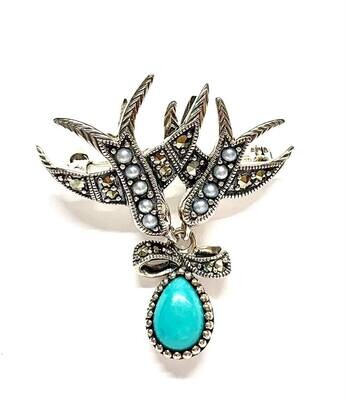 New Silver Marcasite, Turquoise & Pearl Bird Brooch/Pendant